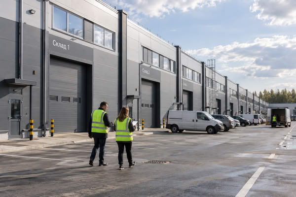 Современный комплекс light industrial в Московском регионе с рядом складских блоков и сотрудниками на территории