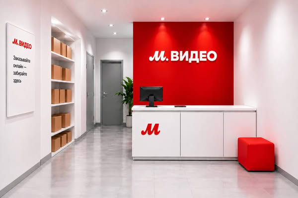 Интерьер ПВЗ «М.Видео» — зона выдачи заказов с фирменной стойкой и стеллажами для посылок
