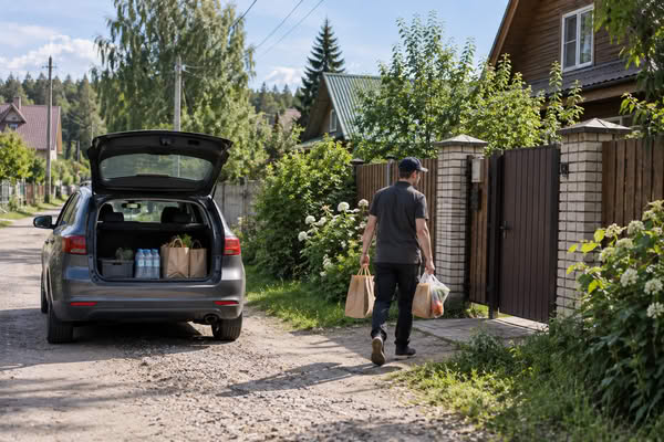 Курьер доставляет продуктовый заказ к частному дому в дачном поселке — последняя миля продуктового e-commerce