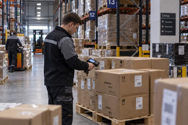 Сотрудник склада проверяет палету с алкогольной продукцией на фоне стеллажей