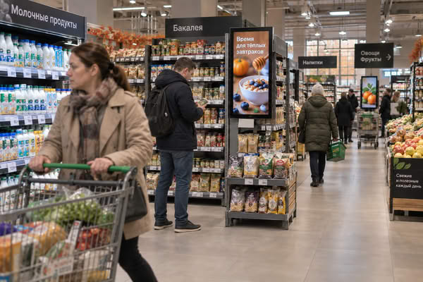 Ритейл-медиа в продуктовом магазине: покупатели у полок и цифровые рекламные экраны