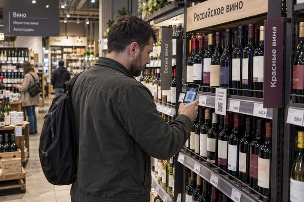 Покупатель сканирует QR-код у полки с российским вином для получения информации и оценки товара в магазине