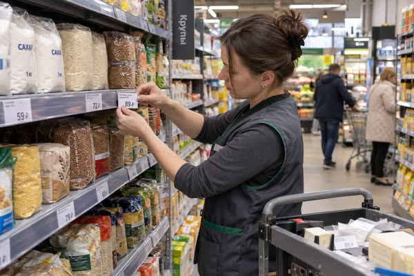Сотрудник супермаркета меняет ценники на продукты в торговом зале