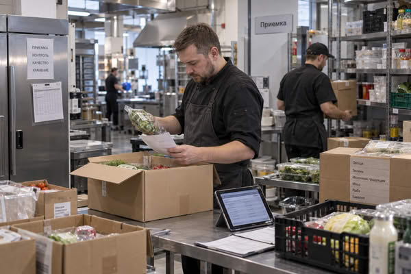 Сотрудник ресторана проверяет поставку продуктов в зоне приемки
