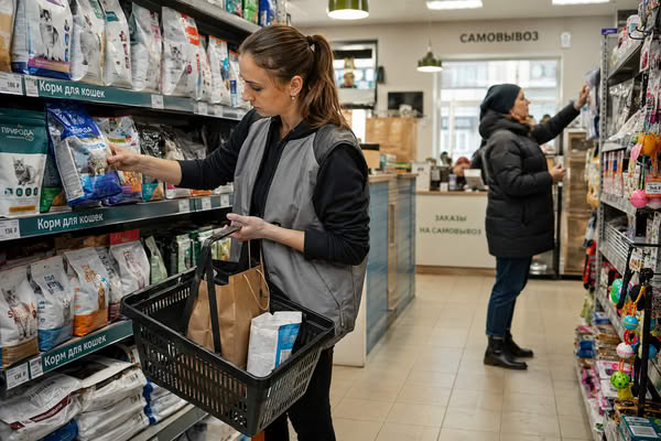 Сотрудница компактного зоомагазина собирает заказ среди стеллажей с товарами для животных