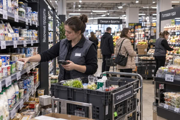 Сотрудница супермаркета собирает онлайн-заказ у полки с товарами в торговом зале