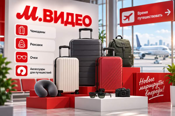 Чемоданы, рюкзаки и аксессуары для путешествий «М.Видео» на фоне аэропорта — сезонный спрос и планирование запасов