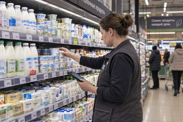 Сотрудник магазина проверяет ассортимент молочной продукции и выкладку брендов на полке супермаркета
