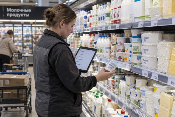 Сотрудник ритейла проверяет ассортимент высокобелковых молочных продуктов и SKU на полке супермаркета