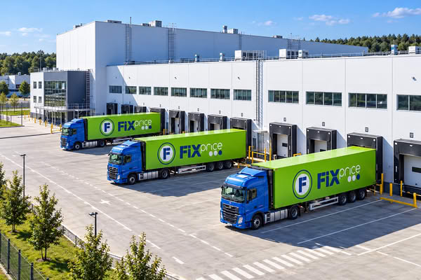 Распределительный центр Fix Price в Беларуси с фирменными грузовиками у погрузочных ворот склада