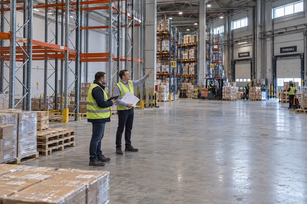 Осмотр свободной секции складского комплекса на фоне стеллажей и зон хранения складской недвижимости