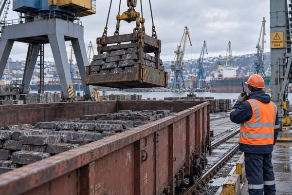Выгрузка чугунных слитков из железнодорожного полувагона краном в Мурманском морском порту