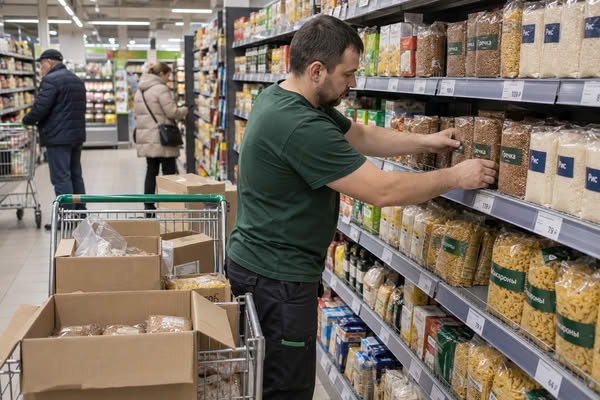 Сотрудник продуктового супермаркета пополняет полки макаронными изделиями из транспортной тележки, пока покупатели выбирают товары в торговом зале.