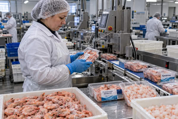 Сотрудница предприятия проверяет упаковку креветок на линии переработки и фасовки морепродуктов
