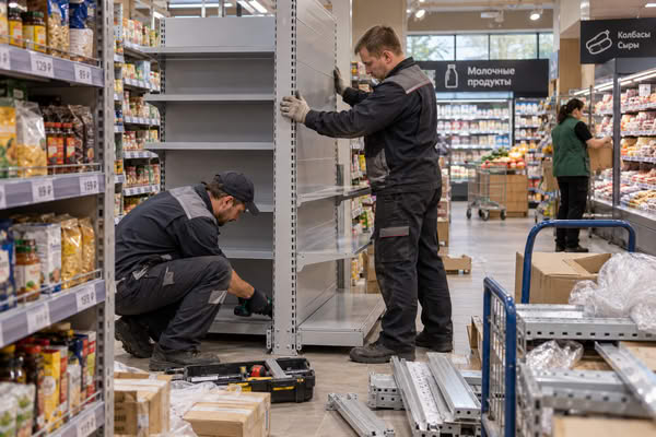 Реконструкция действующего продуктового магазина: монтаж торговых стеллажей