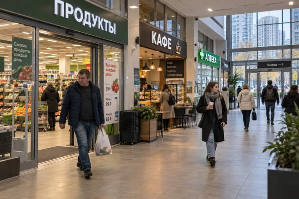 Районный торговый центр Москвы с продуктовыми магазинами, кафе и посетителями