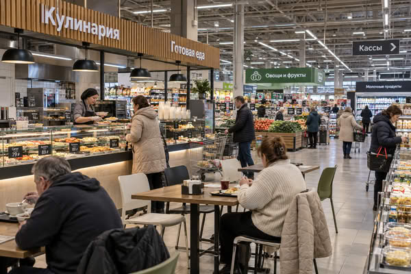 Ресторанная зона с готовой едой и столиками внутри продуктового супермаркета