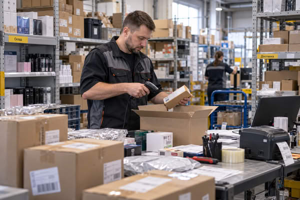Сотрудник упаковывает заказ на собственном складе e-commerce-продавца