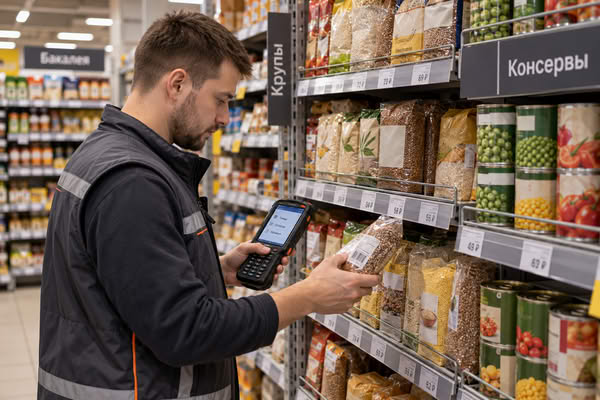 Сотрудник продуктового магазина сканирует упаковку крупы у полки с консервами, проверяя товарные позиции и остатки для пополнения запасов