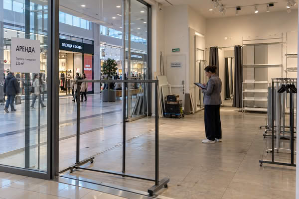 Пустующее помещение fashion-магазина в аутлет-центре, сотрудник управляющей компании осматривает торговую площадь