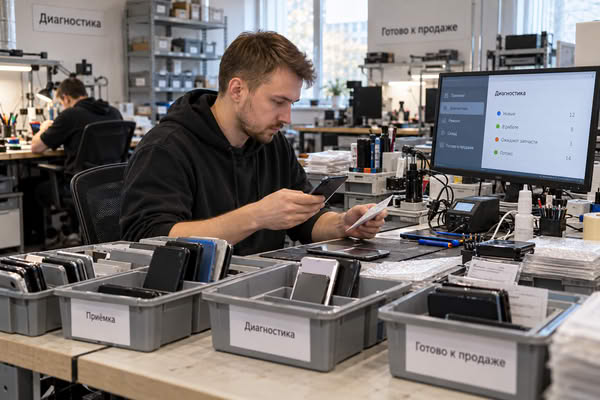 Сотрудник сервисного центра сортирует восстановленные смартфоны по моделям и состоянию для управления ассортиментом и запасами