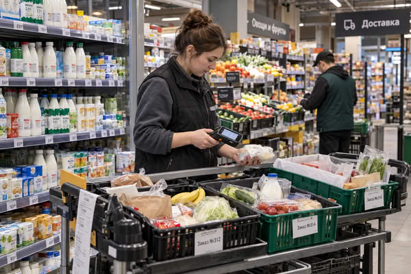 Сотрудник магазина комплектует онлайн-заказы X5 для доставки продуктов