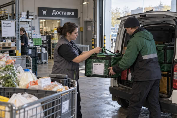 Передача продуктового онлайн-заказа курьеру в зоне доставки магазина
