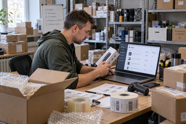 Селлер маркетплейса проверяет товар и условия продажи перед упаковкой заказа