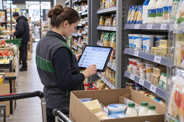 Сотрудник продуктового магазина сверяет ассортимент и оформляет закупку на планшете у товарной полки