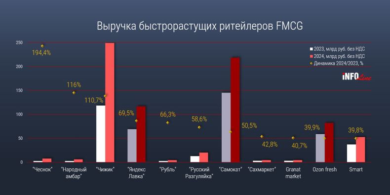 График выручки быстрорастущих FMCG-ритейлеров в России по итогам 2023 и 2024 годов — лидеры роста: «Чеснок», «Народный амбар», «Чижик», «Самокат», Ozon fresh, Smart