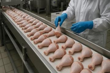 Рабочий сортирует куриные голени на производственной линии мясоперерабатывающего предприятия