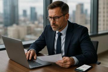 Деловой мужчина в офисе работает за ноутбуком с документами, рядом смартфон с открытым приложением электронной подписи, панорамное окно с видом на город