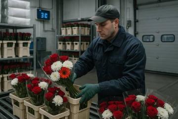 Сотрудник логистического центра сортирует букеты роз и хризантем в холодильной камере перед доставкой на пик продаж к 1 сентября