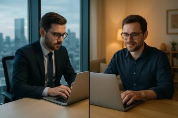 Сравнение офисной и удалённой работы: два ИТ-специалиста работают за ноутбуками — один в офисе с панорамным видом, другой дома в уютной обстановке