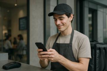 Курьер в форме получает уведомление о чаевых на смартфон рядом с терминалом оплаты