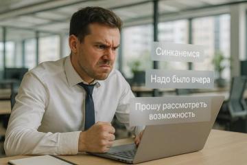Раздражённый офисный сотрудник смотрит в ноутбук на фоне всплывающих фраз из деловой переписки: «Синканемся», «Надо было вчера», «Прошу рассмотреть возможность»