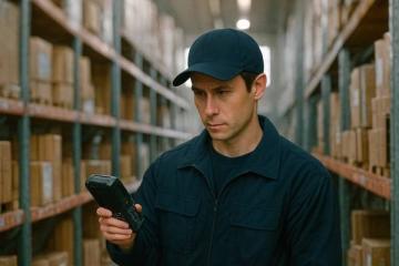 Сотрудник склада в униформе использует терминал сбора данных на фоне стеллажей с коробками — цифровизация логистики и рост востребованности складского персонала