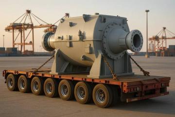 Тяжеловесный нестандартный промышленный груз на платформе у морского порта, подготовленный к международной перевозке