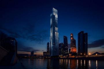 Ночной вид на будущий небоскрёб Wildberries в Москва-Сити — 400-метровая башня, которая станет новым бизнес-центром маркетплейса и архитектурным символом делового района Москвы