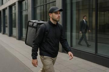 Курьер в униформе с рюкзаком проходит мимо офисного здания — символ изменений на рынке труда логистики и роста значимости B2C-доставки в 2025 году