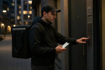 Курьер службы доставки с термосумкой у двери клиента — последний этап доставки еды в формате экспресс-логистики