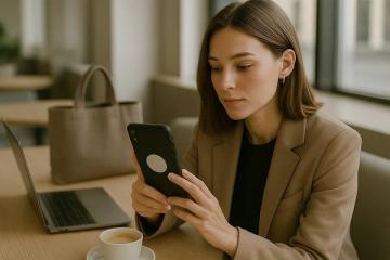 Молодая женщина просматривает модный контент в соцсетях на смартфоне в деловой обстановке