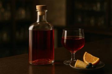 Бутылка и бокал с красным ликёром на столе с фруктами и сыром — тренд на десертные алкогольные напитки в России в 2025 году