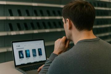 Мужчина сравнивает смартфоны на сайте маркетплейса, сидя перед пустыми полками магазина электроники