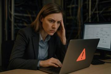 Специалист по кибербезопасности проверяет отчёт пентеста на фоне корпоративного офиса. На экране — предупреждение об уязвимости. Символика риска и неустранённых угроз.