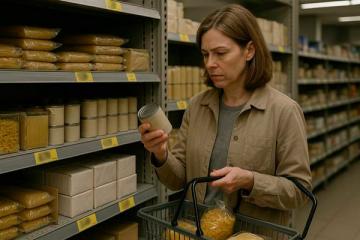 Женщина выбирает консервированный продукт на полке дискаунтера, сравнивая цены и состав в условиях ограниченного бюджета — иллюстрация рационального потребительского поведения в 2025 году