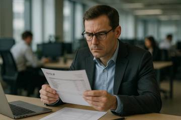 Офисный сотрудник среднего звена сидит за столом и смотрит на распечатку с зарплатным листом