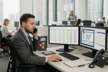 Сотрудник использует аналитическую платформу «Барометр контракта» X5 Group на рабочем месте с двумя мониторами