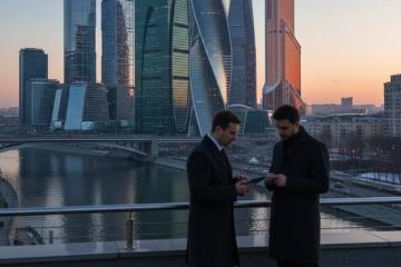 Двое бизнесменов в пальто обсуждают документы на террасе с видом на небоскрёбы делового центра Москва-Сити и реку, символизируя рост инвестиций в российскую коммерческую недвижимость в 2025 году