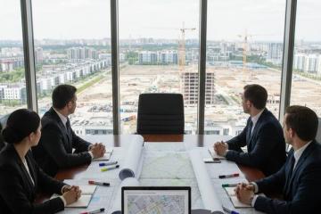 Команда девелоперов в переговорной с планами застройки на столе смотрит в панорамные окна на стройплощадку и жилой район, обсуждая инвестиции в площадки под жильё.